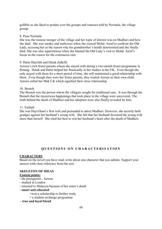 69
gullible as she liked to ponder over the gossips and rumours told by Normala, the village
gossip.
8. Puan Normala
She was the rumour monger of the village and her topic of interest was on Madhuri and how
she died. She was sneaky and malicious when she coaxed Mohd. Asraf to confront the Old
Lady, accusing her as the reason why his grandmother’s health deteriorated and she finally
died. She was also superstitious when she blamed the Old Lady’s visit to Mohd. Asraf’s
house as the reason for the continuous rain.
9. Datin Sharifah and Datuk Zulkifli
Azreen’s rich foster parents whom she stayed with during a two-month foster programme in
Penang. Datuk and Datin helped her financially in her studies in the UK. Even though she
only stayed with them for a short period of time, she still maintained a good relationship with
them. Even though they were her foster parents, they treated Azreen as their own child.
Azreen called her Mak Cik which signified their close relationship.
10. Bomoh
The Bomoh was the person whom the villagers sought for traditional cure. It was through the
Bomoh that the mysterious happenings that took place in the village were uncovered. The
truth behind the death of Madhuri and her adoption were also finally revealed by him.
11. Fatihah
She was Haji Ghani’s first wife and pretended to adore Madhuri. However, she secretly held
grudges against her husband’s young wife. She felt that her husband favoured the young wife
more than herself. She tried her best to win her husband’s heart after the death of Madhuri.
Q U E S T I O N S O N C H A R A C T E R I S A T I O N
CHARACTERS
Based on the novel you have read, write about one character that you admire. Support your
answer with close reference from the text.
SKELETON OF IDEAS
Content points:
- the protagonist , Azreen
- studied in London
- returned to Malaysia because of her sister’s death
- smart and educated
>won a scholarship to further study
> a student exchange programme
- true and loyal friend
 