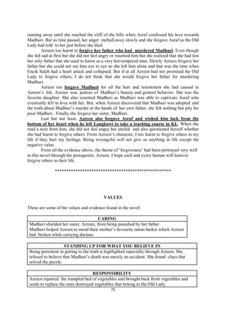 75
running away until she reached the cliff of the hills when Asraf confessed his love towards
Madhuri. But as time passed, her anger melted away slowly and she forgave Asraf as the Old
Lady had told to her just before she died.
Azreen too learnt to forgive her father who had murdered Madhuri. Even though
she felt sad at first but she did not feel angry or resented him but she realized that she had lost
her only father that she used to know as a very hot-tempered man. Slowly Azreen forgave her
father but she could not see him eye to eye so she left him alone and that was the time when
Encik Saleh had a heart attack and collapsed. But if at all Azreen had not promised the Old
Lady to forgive others, I do not think that she would forgive her father for murdering
Madhuri.
Azreen too forgave Madhuri for all the hurt and resentment she had caused in
Azreen’s life. Azreen was jealous of Madhuri’s beauty and genteel behavior. She was the
favorite daughter. She also resented Madhuri as Madhuri was able to captivate Asraf who
eventually fell in love with her. But, when Azreen discovered that Madhuri was adopted and
the truth about Madhuri’s murder at the hands of her own father, she felt nothing but pity for
poor Madhuri . Finally she forgave her sister, Madhuri.
Last but not least, Azreen also forgave Asraf and wished him luck from the
bottom of her heart when he left Langkawi to take a teaching course in KL. When she
read a note from him, she did not feel angry but smiled and also questioned herself whether
she had learnt to forgive others. From Azreen’s character, I too learnt to forgive others in my
life if they hurt my feelings. Being revengeful will not give us anything in life except the
negative value.
From all the evidence above, the theme of ‘forgiveness’ had been portrayed very well
in this novel through the protagonist, Azreen. I hope each and every human will learn to
forgive others in their life.
***************************************************
VALUES
These are some of the values and evidence found in the novel:
CARING
Madhuri shielded her sister, Azreen, from being punished by her father.
Madhuri helped Azreen to mend their mother’s favourite rattan basket which Azreen
had broken while carrying durians.
STANDING UP FOR WHAT YOU BELIEVE IN
Being persistent in getting to the truth is highlighted especially through Azreen. She
refused to believe that Madhuri’s death was merely an accident. She found clues that
solved the puzzle.
RESPONSIBILITY
Azreen repaired the trampled bed of vegetables and brought back fresh vegetables and
seeds to replace the ones destroyed vegetables that belong to the Old Lady.
 