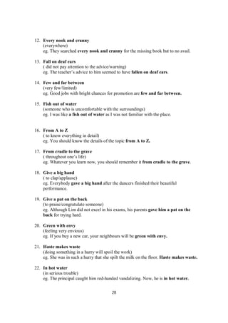 28
12. Every nook and cranny
(everywhere)
eg. They searched every nook and cranny for the missing book but to no avail.
13. Fall on deaf ears
( did not pay attention to the advice/warning)
eg. The teacher’s advice to him seemed to have fallen on deaf ears.
14. Few and far between
(very few/limited)
eg. Good jobs with bright chances for promotion are few and far between.
15. Fish out of water
(someone who is uncomfortable with the surroundings)
eg. I was like a fish out of water as I was not familiar with the place.
16. From A to Z
( to know everything in detail)
eg. You should know the details of the topic from A to Z.
17. From cradle to the grave
( throughout one’s life)
eg. Whatever you learn now, you should remember it from cradle to the grave.
18. Give a big hand
( to clap/applause)
eg. Everybody gave a big hand after the dancers finished their beautiful
performance.
19. Give a pat on the back
(to praise/congratulate someone)
eg. Although Lim did not excel in his exams, his parents gave him a pat on the
back for trying hard.
20. Green with envy
(feeling very envious)
eg. If you buy a new car, your neighbours will be green with envy.
21. Haste makes waste
(doing something in a hurry will spoil the work)
eg. She was in such a hurry that she spilt the milk on the floor. Haste makes waste.
22. In hot water
(in serious trouble)
eg. The principal caught him red-handed vandalizing. Now, he is in hot water.
 