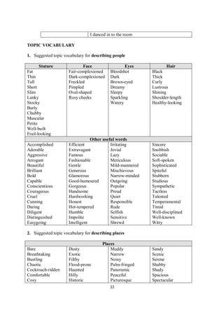 33
I danced in to the room
TOPIC VOCABULARY
1. Suggested topic vocabulary for describing people
Stature Face Eyes Hair
Fat
Thin
Tall
Short
Slim
Lanky
Stocky
Burly
Chubby
Muscular
Petite
Well-built
Frail-looking
Fair-complexioned
Dark-complexioned
Freckled
Pimpled
Oval-shaped
Rosy cheeks
Bloodshot
Dark
Brown-eyed
Dreamy
Sleepy
Sparkling
Watery
Black
Thick
Curly
Lustrous
Shining
Shoulder-length
Healthy-looking
Other useful words
Accomplished
Adorable
Aggressive
Arrogant
Beautiful
Brilliant
Bold
Capable
Conscientious
Courageous
Cruel
Cunning
Daring
Diligent
Distinguished
Easygoing
Efficient
Extravagant
Famous
Fashionable
Gentle
Generous
Glamorous
Good-humoured
Gorgeous
Handsome
Hardworking
Honest
Hot-tempered
Humble
Impolite
Intelligent
Irritating
Jovial
Lazy
Meticulous
Mild-mannered
Mischievous
Narrow-minded
Outgoing
Popular
Proud
Quiet
Responsible
Rude
Selfish
Sensitive
Shrewd
Sincere
Snobbish
Sociable
Soft-spoken
Sophisticated
Spiteful
Stubborn
Studious
Sympathetic
Tactless
Talented
Temperamental
Timid
Well-disciplined
Well-known
Witty
2. Suggested topic vocabulary for describing places
Places
Bare
Breathtaking
Bustling
Chaotic
Cockroach-ridden
Comfortable
Cosy
Dusty
Exotic
Filthy
Flood-prone
Haunted
Hilly
Historic
Muddy
Narrow
Noisy
Palm-fringed
Panoramic
Peaceful
Picturesque
Sandy
Scenic
Serene
Shabby
Shady
Spacious
Spectacular
 