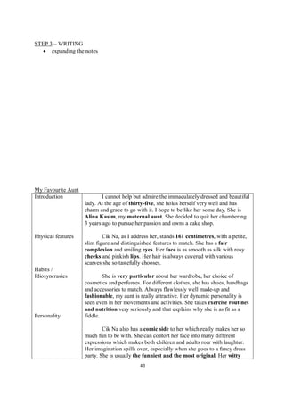 43
STEP 3 – WRITING
 expanding the notes
My Favourite Aunt
Introduction
Physical features
Habits /
Idiosyncrasies
Personality
I cannot help but admire the immaculately dressed and beautiful
lady. At the age of thirty-five, she holds herself very well and has
charm and grace to go with it. I hope to be like her some day. She is
Alina Kasim, my maternal aunt. She decided to quit her chambering
3 years ago to pursue her passion and owns a cake shop.
Cik Na, as I address her, stands 161 centimetres, with a petite,
slim figure and distinguished features to match. She has a fair
complexion and smiling eyes. Her face is as smooth as silk with rosy
cheeks and pinkish lips. Her hair is always covered with various
scarves she so tastefully chooses.
She is very particular about her wardrobe, her choice of
cosmetics and perfumes. For different clothes, she has shoes, handbags
and accessories to match. Always flawlessly well made-up and
fashionable, my aunt is really attractive. Her dynamic personality is
seen even in her movements and activities. She takes exercise routines
and nutrition very seriously and that explains why she is as fit as a
fiddle.
Cik Na also has a comic side to her which really makes her so
much fun to be with. She can contort her face into many different
expressions which makes both children and adults roar with laughter.
Her imagination spills over, especially when she goes to a fancy dress
party. She is usually the funniest and the most original. Her witty
 