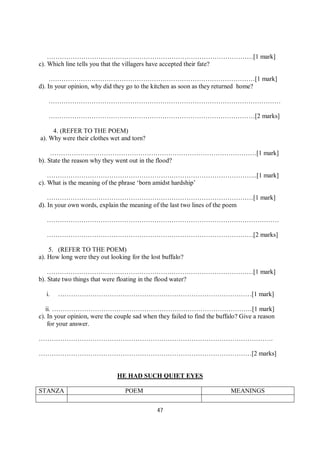 47
……………………………………………………………………………………[1 mark]
c). Which line tells you that the villagers have accepted their fate?
……………………………………………………………………………………[1 mark]
d). In your opinion, why did they go to the kitchen as soon as they returned home?
………………………………………………………………………………………………
……………………………………………………………………………………[2 marks]
4. (REFER TO THE POEM)
a). Why were their clothes wet and torn?
……………………………………………………………………………………[1 mark]
b). State the reason why they went out in the flood?
……………………………………………………………………………………..[1 mark]
c). What is the meaning of the phrase ‘born amidst hardship’
……………………………………………………………………………………[1 mark]
d). In your own words, explain the meaning of the last two lines of the poem
………………………………………………………………………………………………
……………………………………………………………………………………[2 marks]
5. (REFER TO THE POEM)
a). How long were they out looking for the lost buffalo?
……………………………………………………………………………………[1 mark]
b). State two things that were floating in the flood water?
i. ………………………………………………………………………………[1 mark]
ii. …………………………………………………………………………………[1 mark]
c). In your opinion, were the couple sad when they failed to find the buffalo? Give a reason
for your answer.
……………………………………………………………………………………………….
………………………………………………………………………………………[2 marks]
HE HAD SUCH QUIET EYES
STANZA POEM MEANINGS
 
