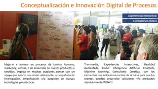 Conceptualización e Innovación Digital de Procesos
Transmedia, Experiencias Interactivas, Realidad
Aumentada, Kinect, Inteligencia Artificial, Chatbots,
Machine Learning, Consultoría Creativa, son los
elementos que colocamos encima de la mesa para que los
clientes puedan desarrollar soluciones y/o productos
absolutamente WOW!!!
Mejorar e innovar en procesos de talento humano,
marketing, ventas, o de desarrollo de nuevos productos y
servicios, implica en muchas ocasiones contar con un
apoyo que aporte una visión refrescante, acompañada de
investigación, simplificación y/o adopción de nuevas
tecnologías y/o prácticas.
Experiencias Interactivas
Consultoría Creativa
 