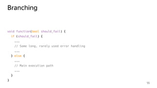 Branching
void function(bool should_fail) {
if (should_fail) {
...
// Some long, rarely used error handling
...
} else {
...
// Main execution path
...
}
}
55
 
