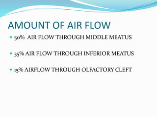 AMOUNT OF AIR FLOW
 50% AIR FLOW THROUGH MIDDLE MEATUS
 35% AIR FLOW THROUGH INFERIOR MEATUS
 15% AIRFLOW THROUGH OLFACTORY CLEFT
 