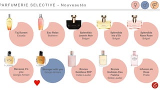 PA R F U M E R I E S E L E C T I V E - N o u v e a u t é s
Taj Sunset
Escada
Because it’s
you
Giorgio Armani
Stronger with you
Giorgio Armani
Eau Relax
Biotherm
Bronze
Goddess Eau
Fraîche
Estée Lauder
Bronze
Goddess EDP
Estée Lauder
Splendida
Jasmin Noir
Bvlgari
Splendida
Iris d’Or
Bvlgari
Splendida
Rose Rose
Bvlgari
Infusion de
Rose
Prada
 