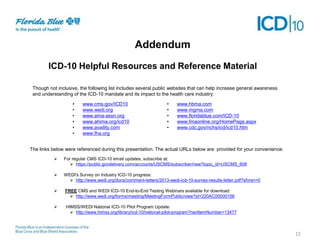 Addendum
ICD-10 Helpful Resources and Reference Material
Though not inclusive, the following list includes several public websites that can help increase general awareness
and understanding of the ICD-10 mandate and its impact to the health care industry:
•
•
•
•
•
•

www.cms.gov/ICD10
www.wedi.org
www.ama-assn.org
www.ahima.org/icd10
www.availity.com
www.fha.org

•
•
•
•
•

www.hbma.com
www.mgma.com
www.floridablue.com/ICD-10
www.fmaonline.org/HomePage.aspx
www.cdc.gov/nchs/icd/icd10.htm

The links below were referenced during this presentation. The actual URLs below are provided for your convenience:


For regular CMS ICD-10 email updates, subscribe at:
 https://public.govdelivery.com/accounts/USCMS/subscriber/new?topic_id=USCMS_608



WEDI's Survey on Industry ICD-10 progress:
 http://www.wedi.org/docs/comment-letters/2013-wedi-icd-10-survey-results-letter.pdf?sfvrsn=0



FREE CMS and WEDI ICD-10 End-to-End Testing Webinars available for download:
 http://www.wedi.org/forms/meeting/MeetingFormPublic/view?id=220AC00000156



HIMSS/WEDI National ICD-10 Pilot Program Update:
 http://www.himss.org/library/icd-10/national-pilot-program?navItemNumber=13477

15

 