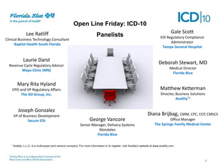 Open Line Friday: ICD-10
Lee Ratliff
Clinical Business Technology Consultant
Baptist Health South Florida

Panelists

Laurie Darst

Medical Director
Florida Blue

Mary Rita Hyland

Matthew Ketterman

CPO and VP Regulatory Affairs
The SSI Group, Inc.

Director, Business Solutions
Availity®1

Joseph Gonzalez

Diana Brijbag, CMM, CPC, CCP, CMSCS
George Vancore
Senior Manager, Delivery Systems
Mandates
Florida Blue

1

EDI Regulatory Compliance
Administrator
Tampa General Hospital

Deborah Stewart, MD

Revenue Cycle Regulatory Advisor
Mayo Clinic (MN)

VP of Business Development
Secure EDI

Gale Scott

Office Manager
The Springs Family Medical Center

Availity, L.L.C. is a multi-payer joint venture company. For more information or to register, visit Availity’s website at www.availity.com

4

 