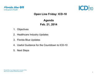 Open Line Friday: ICD-10

Agenda
Feb. 21, 2014
1. Objectives

2. Healthcare Industry Updates
3. Florida Blue Updates
4. Useful Guidance for the Countdown to ICD-10
5. Next Steps

6

 