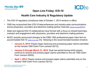 Open Line Friday: ICD-10
Health Care Industry & Regulatory Update
•

The ICD-10 regulatory compliance date of October 1, 2014 remains in effect.

•

CMS has re-launched their ICD-10 teleconferences and industry-wide communications
across physicians, providers and electronic trading partner channels (www.cms.gov/ICD10).

•

State and regional ICD-10 collaboratives have formed with a focus on shared learning's,
outreach and engagement with physicians, providers and electronic trading partners

•

NUCC recently announced changes to the CMS 1500 professional paper claim form to
accommodate ICD-10 (www.nucc.org); the following is the recommended transition timeline:
•

January 6, 2014: Payers begin receiving and processing paper claims submitted
on the revised 1500 Claim Form (version 02/12).

•

January 6 through March 31, 2014: Dual use period during which payers
continue to receive and process paper claims submitted on the old 1500 Claim
Form (version 08/05).

•

April 1, 2014: Payers receive and process paper claims submitted only on the
revised 1500 Claim Form (version 02/12).
8

 