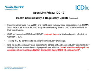 Open Line Friday: ICD-10
Health Care Industry & Regulatory Update (continued)
•

Industry workgroups (I.e. WEDI) and health care industry trade associations (I.e. HBMA;
AHA; PAHCOM; HFMA; MGMA, etc.) are accelerating their ICD-10 outreach efforts to
their constituents.

•

CMS announced an ICD-9 and ICD-10 code set freeze which has been in effect since
October 1, 2013.

•

Testing ICD-10 continues to be a significant industry challenge.

•

ICD-10 readiness survey’s are accelerating across all health care industry segments; key
findings indicate various levels of preparedness with the “small to mid-sized physician
practices showing slow adoption and action toward ICD-10 engagement”.

9

 