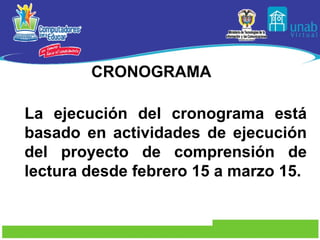 CRONOGRAMA La ejecución del cronograma está basado en actividades de ejecución del proyecto de comprensión de lectura desde febrero 15 a marzo 15.  