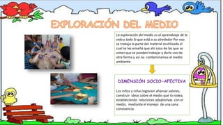 La exploración del medio es el aprendizaje de la
vida y todo lo que está a su alrededor Por eso
se trabaja la parte del material reutilizado el
cual se les enseña que ahí cosa de las que se
votan que se pueden trabajar y darle uso de
otra forma y así no contaminamos el medio
ambiente.
DIMENSIÒN SOCIO-AFECTIVA
Los niños y niñas lograren afianzar valores,
construir ideas sobre el medio que lo rodea,
estableciendo relaciones adaptativas con el
medio, mediante el manejo de una sana
convivencia.
 