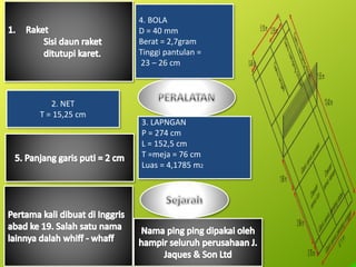 2. NET
T = 15,25 cm
3. LAPNGAN
P = 274 cm
L = 152,5 cm
T =meja = 76 cm
Luas = 4,1785 m2
4. BOLA
D = 40 mm
Berat = 2,7gram
Tinggi pantulan =
23 – 26 cm
 
