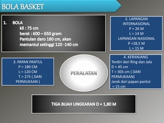 2. LAPANGAN
INTERNASIONAL
P = 26 M
L = 14 M
LAPANGAN NASIONAL
P =28,5 M
L = 15 M
3. PAPAN PANTUL
P = 180 CM
L = 120 CM
T = 275 ( DARI
PERMUKAAN )
4. KERANJANG
Terdiri dari Ring dan Jala
D = 45 cm
T = 305 cm ( DARI
PERMUKAAN)
Jarak dari papan pantul
= 15 cm
 