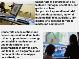 Supportate la comprensione dei
                          testi con immagini specifiche, con
                          grafici e schemi
                          Supportate l’apprendimento dai
                          libri con documentari, materiali
                          multimediali, film, audiolibri, libri
                          digitali, che possano fornire le
                          medesime competenze


Consentite che la restituzione
della comprensione di un testo
o di un apprendimento avvenga
con modalità multisensoriali:
una registrazione, una
presentazione in power point,
una tabella, un diagramma, una
raccolta di foto, una mappa
concettuale, ecc
 
