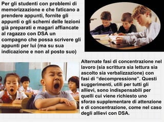 Per gli studenti con problemi di
memorizzazione e che faticano a
prendere appunti, fornite gli
appunti o gli schemi delle lezioni
già preparati e magari affiancate
al ragazzo con DSA un
compagno che possa scrivere gli
appunti per lui (ma su sua
indicazione e non al posto suo)
                                     Alternate fasi di concentrazione nel
                                     lavoro (sia scrittura sia lettura sia
                                     ascolto sia verbalizzazione) con
                                     fasi di “decompressione”. Questi
                                     suggerimenti, utili per tutti gli
                                     allievi, sono indispensabili per
                                     quelli cui viene richiesto uno
                                     sforzo supplementare di attenzione
                                     e di concentrazione, come nel caso
                                     degli allievi con DSA.
 