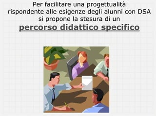 Per facilitare una progettualità
rispondente alle esigenze degli alunni con DSA
          si propone la stesura di un
   percorso didattico specifico
 