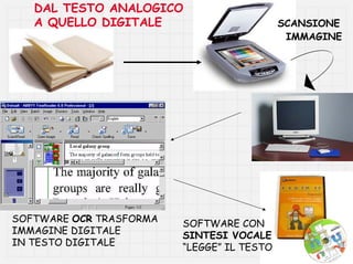 DAL TESTO ANALOGICO
   A QUELLO DIGITALE                        SCANSIONE
                                             IMMAGINE




SOFTWARE OCR TRASFORMA   SOFTWARE CON
IMMAGINE DIGITALE        SINTESI VOCALE
IN TESTO DIGITALE        “LEGGE” IL TESTO
 