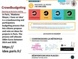  
CrowdbudgeLng	
  
____________________________	
  
In	
  Paris,	
  ‘Madame	
  
Mayor,	
  I	
  have	
  an	
  idea’	
  
is	
  a	
  crowdsourcing	
  and	
  
parLcipatory	
  
budgeLng	
  process	
  that	
  
lets	
  ciLzens	
  propose	
  
and	
  vote	
  on	
  ideas	
  for	
  
projects	
  in	
  Paris.	
  The	
  
process	
  will	
  allocate	
  
500m	
  Euros	
  between	
  
2014	
  and	
  2020.	
  
hXps://
idee.paris.fr/	
  
Opening	
  up	
  decission	
  making	
  
Olga	
  Gil	
  	
  	
  
 