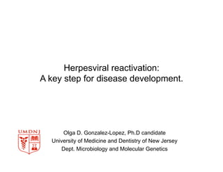 Herpesviral reactivation:
A key step for disease development.
Olga D. Gonzalez-Lopez, Ph.D candidate
University of Medicine and Dentistry of New Jersey
Dept. Microbiology and Molecular Genetics
 