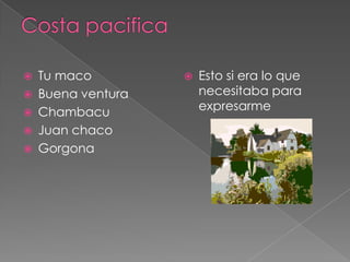 Costa pacificaTu macoBuena venturaChambacuJuan chacoGorgonaEsto si era lo que necesitaba para expresarme