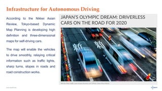 www.luxoft.com
Infrastructure for Autonomous Driving
According to the Nikkei Asian
Review, Tokyo-based Dynamic
Map Planning is developing high
definition and three-dimensional
maps for self-driving cars.
The map will enable the vehicles
to drive smoothly, relaying critical
information such as traffic lights,
sharp turns, slopes in roads and
road construction works.
 