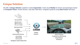 www.luxoft.com
Unique Solution
We offer a Unique Solution capable to create Augmented, mixed visual Reality for drivers and passengers based
on Computer Vision, vehicle sensors, map data, telematics, navigation guidance using Data Fusion technique.
CVNAR
SolutionAutomotive Cameras
Sensors/CAN
Navigation System/Map Data
Vehicle displays
Projection on wind shield
Smart Glasses
VR devices
Telematics/V2X
 