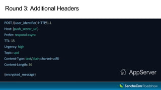 Round 3: Additional Headers
POST /{user_identifier} HTTP/1.1
Host: {push_server_url}
Prefer: respond-async
TTL: 15
Urgency: high
Topic: upd
Content-Type: text/plain;charset=utf8
Content-Length: 36
{encrypted_message} AppServer
 