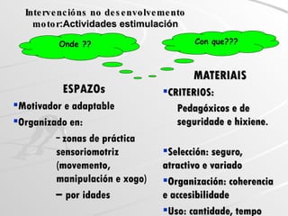 Intervencións no desenvolvemento motor :Actividades estimulación MATERIAIS CRITERIOS: Pedagóxicos e de seguridade e hixiene . Selección: seguro, atractivo e variado Organización: coherencia e accesibilidade Uso: cantidade, tempo ESPAZOs Motivador e adaptable Organizado en: zonas de práctica sensoriomotriz (movemento, manipulación e xogo)  por idades Onde ?? Con que??? 