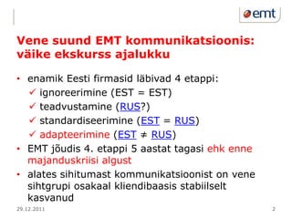 Vene suund EMT kommunikatsioonis:
väike ekskurss ajalukku

• enamik Eesti firmasid läbivad 4 etappi:
   ignoreerimine (ES...