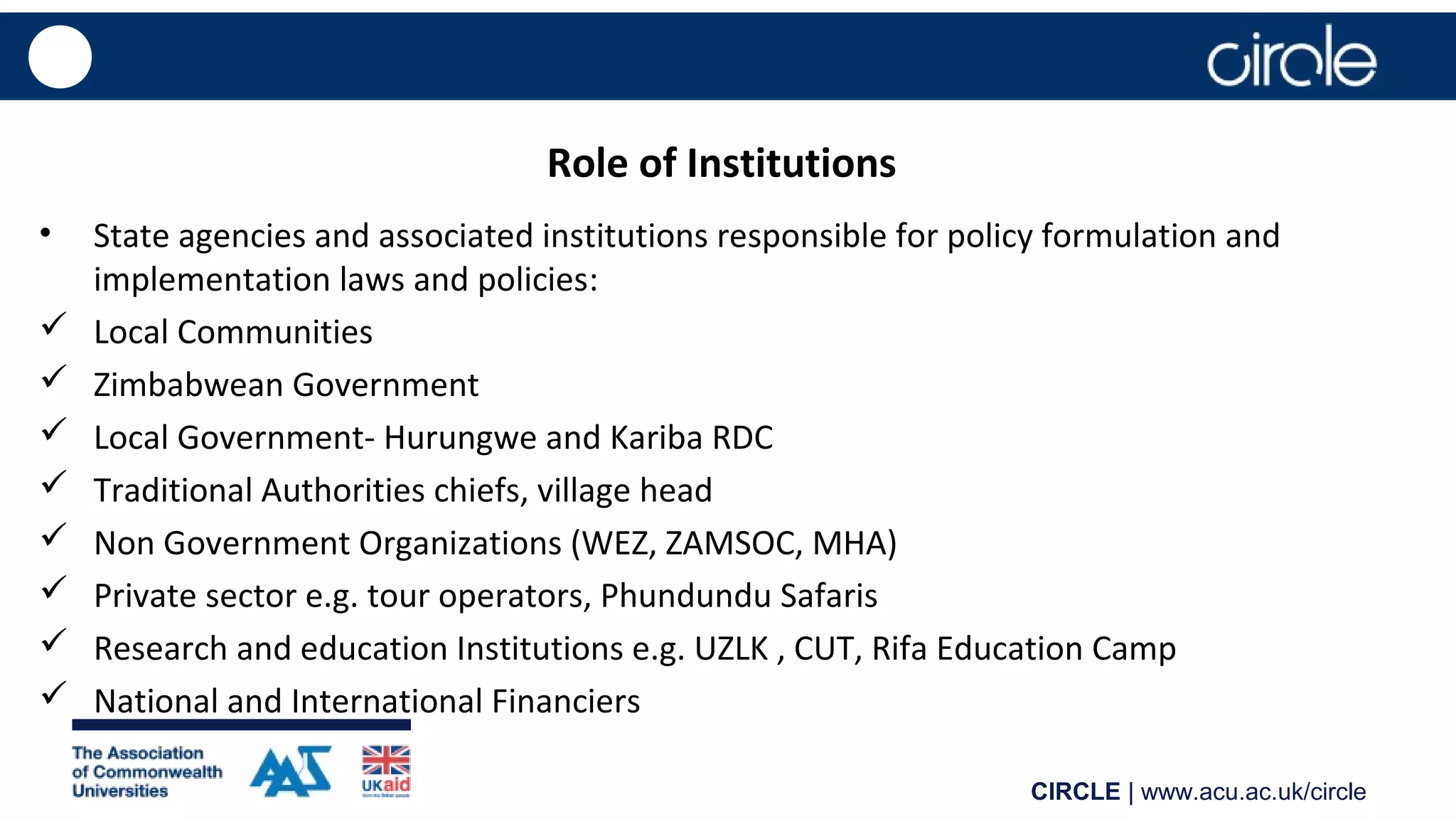 CIRCLE | www.acu.ac.uk/circle
Role of Institutions
• State agencies and associated institutions responsible for policy formulation and
implementation laws and policies:
 Local Communities
 Zimbabwean Government
 Local Government- Hurungwe and Kariba RDC
 Traditional Authorities chiefs, village head
 Non Government Organizations (WEZ, ZAMSOC, MHA)
 Private sector e.g. tour operators, Phundundu Safaris
 Research and education Institutions e.g. UZLK , CUT, Rifa Education Camp
 National and International Financiers
 