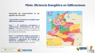Desarrollo de capacidades en los
agentes de mercado
Ø Demostrativo en eficiencia energética para
edificaciones públicas.
Fase 1 - 27 auditorías energéticas a
edificaciones administrativas del sector
público - medidas priorizadas, estimación de
los costos y periodos de retorno atribuidos a
las inversiones necesarias.
Fase 2 – 14 entidades públicas asesoradas y
capacitadas en la implementación y
monitoreo y seguimiento de medidas de
eficiencia energética en 14 entidades
públicas representativas de la muestra.
Fuente: Recursos Web, BC Maps – Adaptada UPME.
Piloto: Eficiencia Energética en Edificaciones
Convenciones
Ministerios
Gobernaciones
Corporaciones Autónomas Regionales
Alcaldías o sus dependencias
 