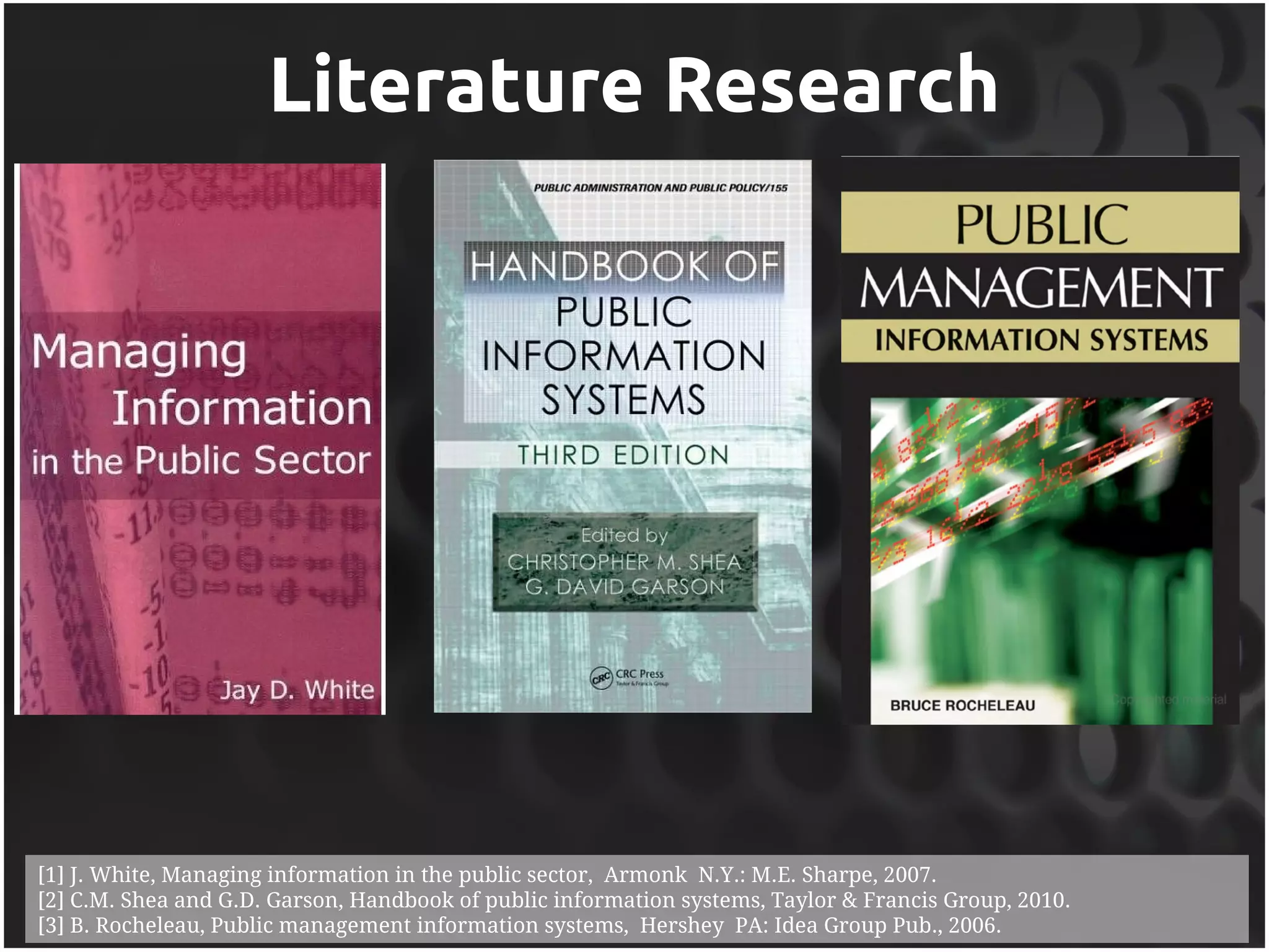 Literature Research




[1] J. White, Managing information in the public sector, Armonk N.Y.: M.E. Sharpe, 2007.
[2] C.M. Shea and G.D. Garson, Handbook of public information systems, Taylor & Francis Group, 2010.
[3] B. Rocheleau, Public management information systems, Hershey PA: Idea Group Pub., 2006.
 