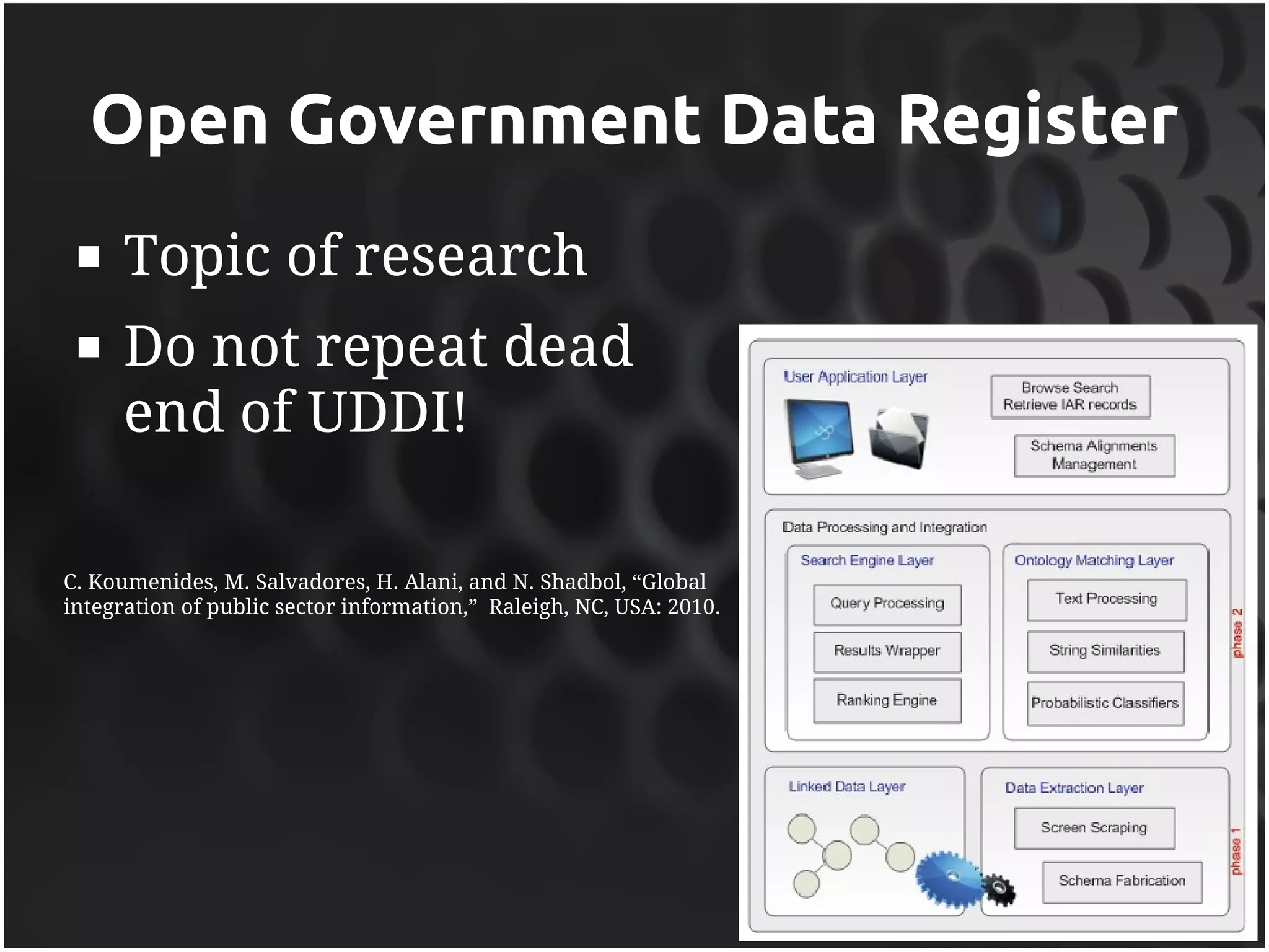Open Government Data Register
     Topic of research
     Do not repeat dead
      end of UDDI!

C. Koumenides, M. Salvadores, H. Alani, and N. Shadbol, “Global
integration of public sector information,” Raleigh, NC, USA: 2010.
 