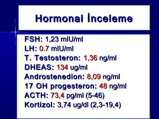 Hormonal İncelemeHormonal İncelemeHormonal İncelemeHormonal İnceleme
 FSH:FSH: 1,23 mIU/ml1,23 mIU/ml
 LH:LH: 0.70.7 mIU/mlmIU/ml
 T. Testosteron:T. Testosteron: 1,361,36 ng/mlng/ml
 DHEAS:DHEAS: 134134 ug/mlug/ml
 Androstenedion:Androstenedion: 8,098,09 ng/mlng/ml
 17 OH progesteron:17 OH progesteron: 4848 ng/mlng/ml
 ACTH:ACTH: 73,473,4 pg/ml (5-46)pg/ml (5-46)
 Kortizol:Kortizol: 3,74 ug/dl (2,3-19,4)3,74 ug/dl (2,3-19,4)
 FSH:FSH: 1,23 mIU/ml1,23 mIU/ml
 LH:LH: 0.70.7 mIU/mlmIU/ml
 T. Testosteron:T. Testosteron: 1,361,36 ng/mlng/ml
 DHEAS:DHEAS: 134134 ug/mlug/ml
 Androstenedion:Androstenedion: 8,098,09 ng/mlng/ml
 17 OH progesteron:17 OH progesteron: 4848 ng/mlng/ml
 ACTH:ACTH: 73,473,4 pg/ml (5-46)pg/ml (5-46)
 Kortizol:Kortizol: 3,74 ug/dl (2,3-19,4)3,74 ug/dl (2,3-19,4)
 