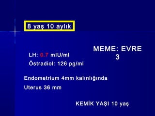 8 yaş 10 aylık
LH: 0.7 mIU/ml
Östradiol: 126 pg/ml
Endometrium 4mm kalınlığında
Uterus 36 mm
KEMİK YAŞI 10 yaş
MEME: EVRE
3
 