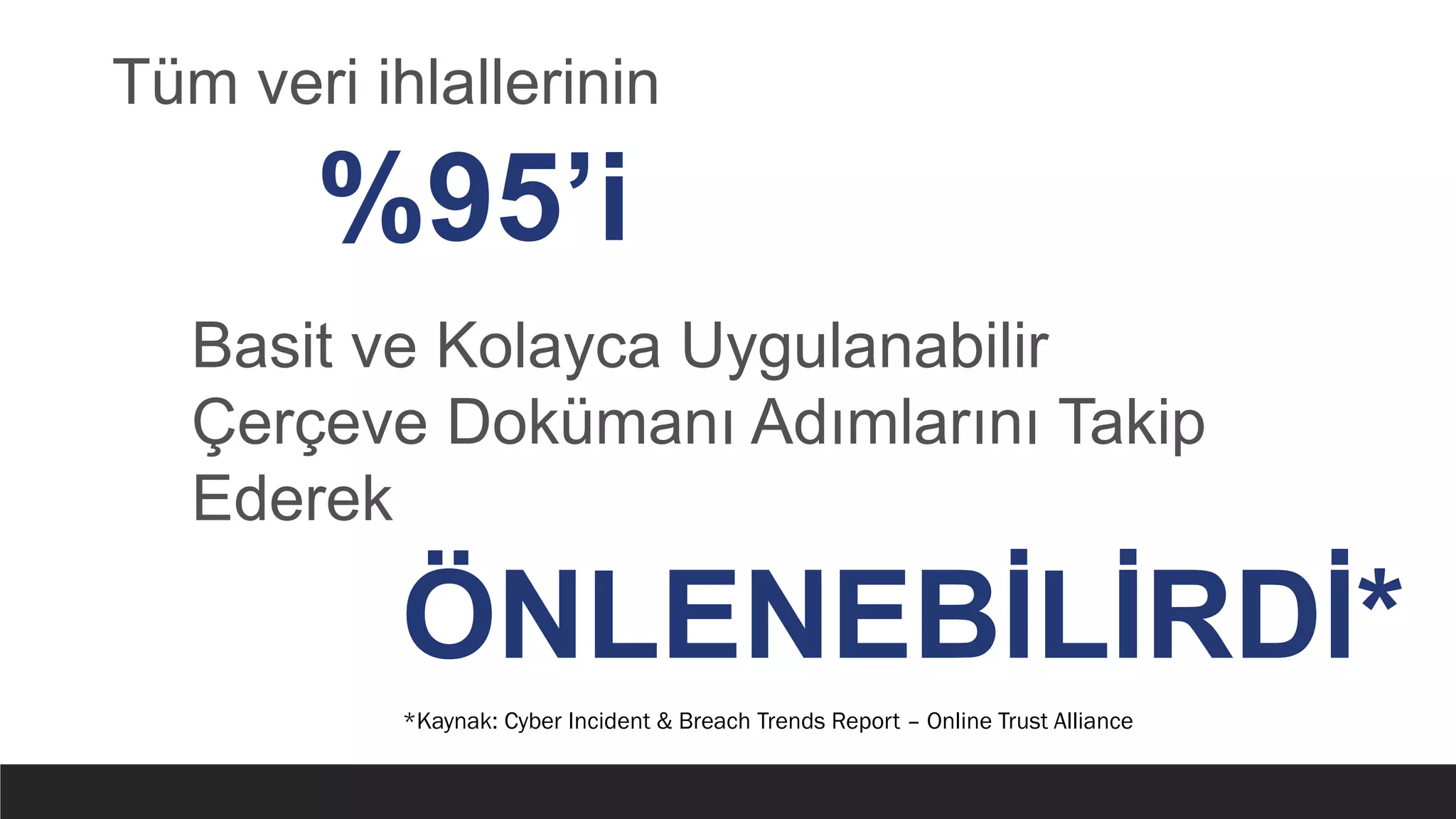 Basit ve Kolayca Uygulanabilir
Çerçeve Dokümanı Adımlarını Takip
Ederek
%95’i
ÖNLENEBİLİRDİ*
Tüm veri ihlallerinin
*Kaynak: Cyber Incident & Breach Trends Report – Online Trust Alliance
 