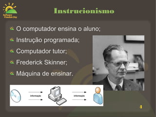 4
Instrucionismo
O computador ensina o aluno;
Instrução programada;
Computador tutor;
Frederick Skinner;
Máquina de ensinar.
 