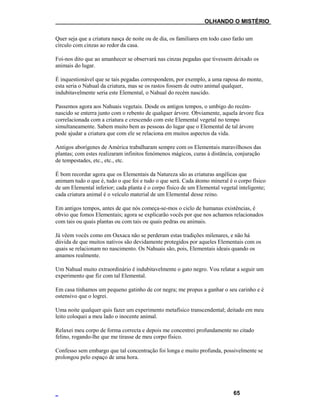 ___OLHANDO O MISTÉRIO
Quer seja que a criatura nasça de noite ou de dia, os familiares em todo caso farão um
círculo com cinzas ao redor da casa.
Foi-nos dito que ao amanhecer se observará nas cinzas pegadas que tivessem deixado os
animais do lugar.
É inquestionável que se tais pegadas correspondem, por exemplo, a uma raposa do monte,
esta seria o Nahual da criatura, mas se os rastos fossem de outro animal qualquer,
indubitavelmente seria este Elemental, o Nahual do recém nascido.
Passemos agora aos Nahuais vegetais. Desde os antigos tempos, o umbigo do recém-
nascido se enterra junto com o rebento de qualquer árvore. Obviamente, aquela árvore fica
correlacionada com a criatura e crescendo com este Elemental vegetal no tempo
simultaneamente. Sabem muito bem as pessoas do lugar que o Elemental de tal árvore
pode ajudar a criatura que com ele se relaciona em muitos aspectos da vida.
Antigos aborígenes de América trabalharam sempre com os Elementais maravilhosos das
plantas; com estes realizaram infinitos fenómenos mágicos, curas à distância, conjuração
de tempestades, etc., etc., etc.
É bom recordar agora que os Elementais da Natureza são as criaturas angélicas que
animam tudo o que é, tudo o que foi e tudo o que será. Cada átomo mineral é o corpo físico
de um Elemental inferior; cada planta é o corpo físico de um Elemental vegetal inteligente;
cada criatura animal é o veículo material de um Elemental desse reino.
Em antigos tempos, antes de que nós começa-se-mos o ciclo de humanas existências, é
obvio que fomos Elementais; agora se explicarão vocês por que nos achamos relacionados
com tais ou quais plantas ou com tais ou quais pedras ou animais.
Já vêem vocês como em Oaxaca não se perderam estas tradições milenares, e não há
dúvida de que muitos nativos são devidamente protegidos por aqueles Elementais com os
quais se relacionam no nascimento. Os Nahuais são, pois, Elementais ideais quando os
amamos realmente.
Um Nahual muito extraordinário é indubitavelmente o gato negro. Vou relatar a seguir um
experimento que fiz com tal Elemental.
Em casa tínhamos um pequeno gatinho de cor negra; me propus a ganhar o seu carinho e é
ostensivo que o logrei.
Uma noite qualquer quis fazer um experimento metafísico transcendental; deitado em meu
leito coloquei a meu lado o inocente animal.
Relaxei meu corpo de forma correcta e depois me concentrei profundamente no citado
felino, rogando-lhe que me tirasse de meu corpo físico.
Confesso sem embargo que tal concentração foi longa e muito profunda, possivelmente se
prolongou pelo espaço de uma hora.
65
 