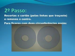 Recortas o cartão (pelas linhas que traçaste)
e removes o centro.
Para ficares com duas circunferências assim:
 