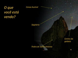 Pedra	
  de	
  Santo	
  Antonio	
  
Coroa	
  Austral	
  
Sagitário	
  
Centro	
  da	
  
galáxia	
  
O	
  que	
  
você	
  está	
  
vendo?	
  
 