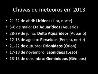 Chuvas	
  de	
  meteoros	
  em	
  2013	
  
•  21-­‐22	
  de	
  abril:	
  Lirídeos	
  (Lira,	
  norte)	
  
•  5-­‐6	
  de	
  maio:	
  Eta	
  Aquarídeos	
  (Aquario)	
  
•  28-­‐29	
  de	
  julho:	
  Delta	
  Aquarídeos	
  (Aquario)	
  
•  12-­‐13	
  de	
  agosto:	
  Perseidas	
  (Perseu,	
  norte)	
  
•  21-­‐22	
  de	
  outubro:	
  Orionídeos	
  (Órion)	
  
•  17-­‐18	
  de	
  novembro:	
  Leonídeos	
  (Leão)	
  
•  13-­‐15	
  de	
  dezembro:	
  Geminídeos	
  (Gêmeos)	
  
	
  
 