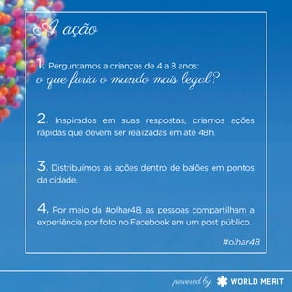 1. Perguntamos a crianças de 4 a 8 anos:
o que faria o mundo mais legal?
A ação
#olhar48
2. Inspirados em suas respostas, criamos ações
rápidas que devem ser realizadas em até 48h.
3. Distribuímos as ações dentro de balões em pontos
da cidade.
4. Por meio da #olhar48, as pessoas compartilham a
experiência por foto no Facebook em um post público.
powered by
 