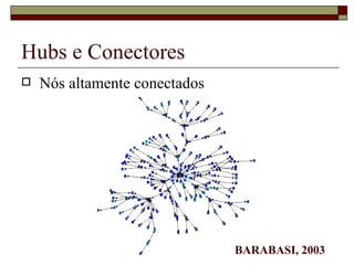 Hubs e Conectores
   Nós altamente conectados




                               BARABASI, 2003
 