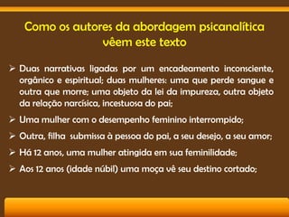 Como os autores da abordagem psicanalítica
vêem este texto
 Duas narrativas ligadas por um encadeamento inconsciente,
orgânico e espiritual; duas mulheres: uma que perde sangue e
outra que morre; uma objeto da lei da impureza, outra objeto
da relação narcísica, incestuosa do pai;
 Uma mulher com o desempenho feminino interrompido;
 Outra, filha submissa à pessoa do pai, a seu desejo, a seu amor;

 Há 12 anos, uma mulher atingida em sua feminilidade;
 Aos 12 anos (idade núbil) uma moça vê seu destino cortado;

 