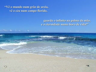 Veja o mundo num grão de areia “ Vê o mundo num grão de areia, vê o céu num campo florido, guarda o infinito na palma da mão, e a eternidade numa hora de vida!” 