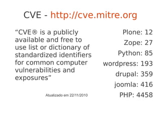 CVE - http://cve.mitre.org
“CVE® is a publicly
available and free to
use list or dictionary of
standardized identifiers
for common computer
vulnerabilities and
exposures”
Plone: 12
Zope: 27
Python: 85
wordpress: 193
drupal: 359
joomla: 416
PHP: 4458Atualizado em 22/11/2010
 