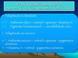 FOTOQUÍMICA DA VISÃO
ADAPTAÇÃO À CLARIDADE E AO ESCURO
•  Adaptação à claridade:
•  
Ambiente claro – retinal + opsinas vitamina A.
•  
Pigmento fotossensivel. – sensibilidade a luz.

•  Adaptação ao escuro:

•  Ambiente escuro – retinal + opsinas pigmentos
sensiveis.
•  + Vitamina A retinal pigmentos sensiveis.
 