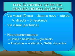 FUNÇÃO NEURAL DA RETINA
CIRCUITO NEURAL DA RETINA
•  Via visual (fóvea) – sistema novo = rápido:
V. directa – 3 neurónios
•  Via visual (periférica).
•  Neurotransmissores:
– Cones e bastonetes – glutamato
– Amácrinas – acetilcolina, GABA, dopamina
 